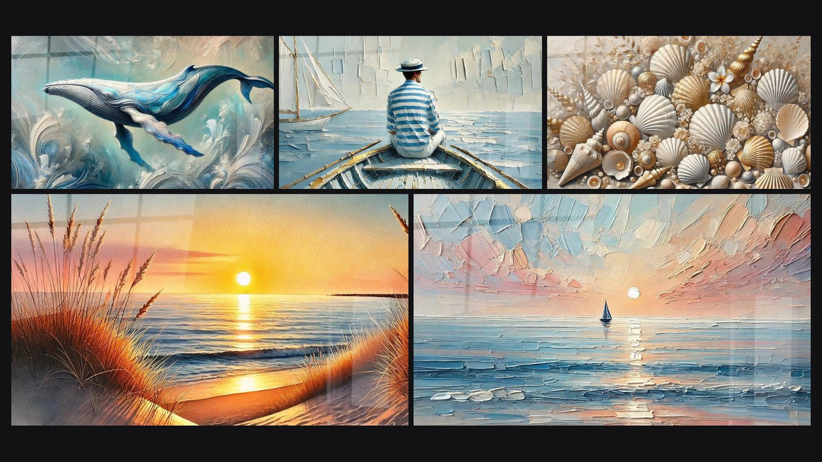 Mosaico di cinque quadri, tra cui Leggero come L'acqua, L'Arte dell'Acqua e Gioielli della Sabbia