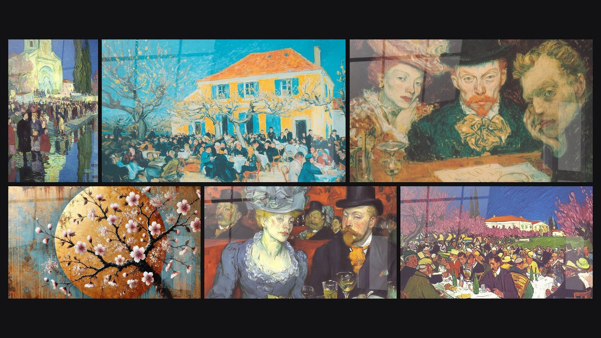 Mosaico di sei quadri, tra cui Posto di villaggio affollato silenzioso e Dolcezza Floreale