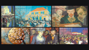 Mosaico de seis cuadros, entre ellos Plaza de pueblo multitud silenciosa, Dulzura Floral y Cabaret noche parisina