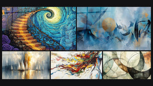 Mosaic of five paintings, including Cosmic Spiral Staircase, Abstract Golden Circle and Dawn Over the Bay