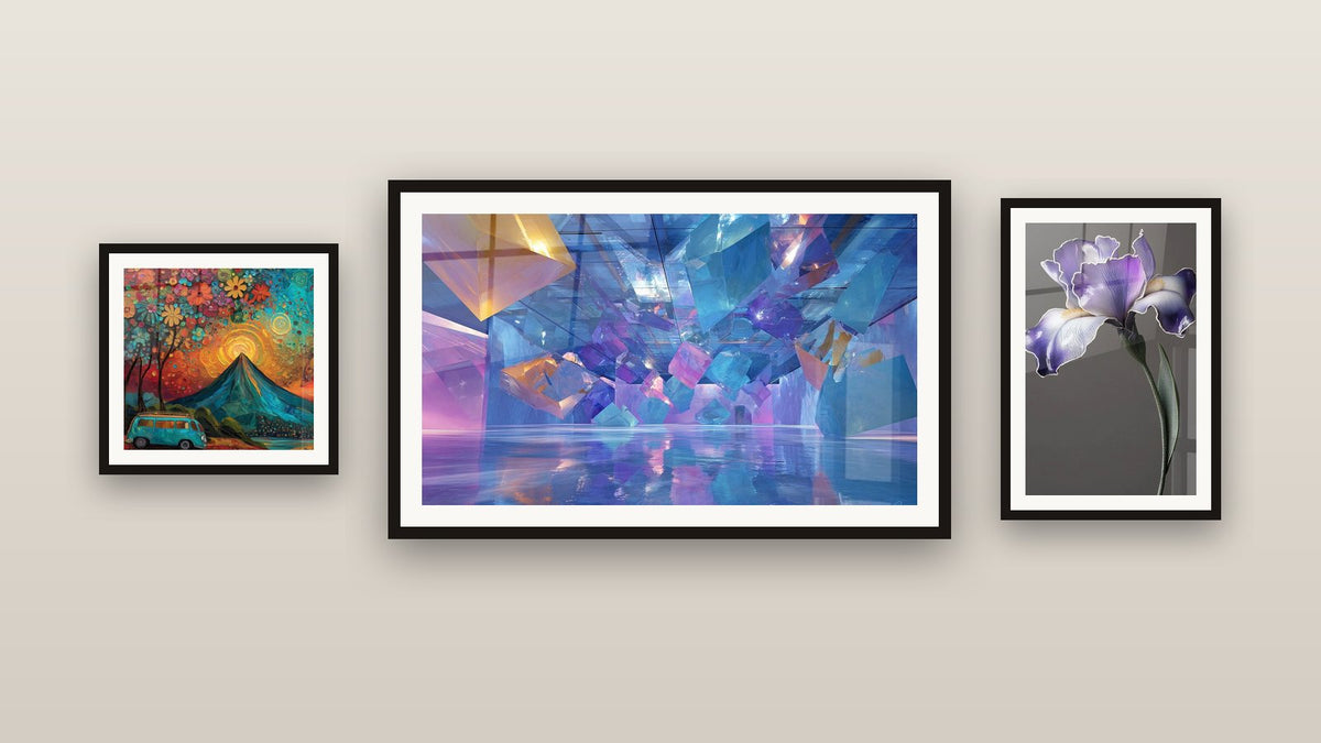 Gallery wall with three framed paintings, including Retro Van Colorful Volcano and Futuristic Architecture Crystals