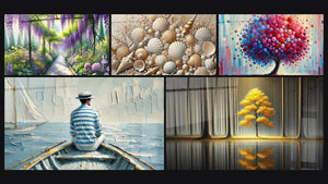 Mozaïek van vijf schilderijen, waaronder Lente Pracht, De Kunst van Water en Zandschatten