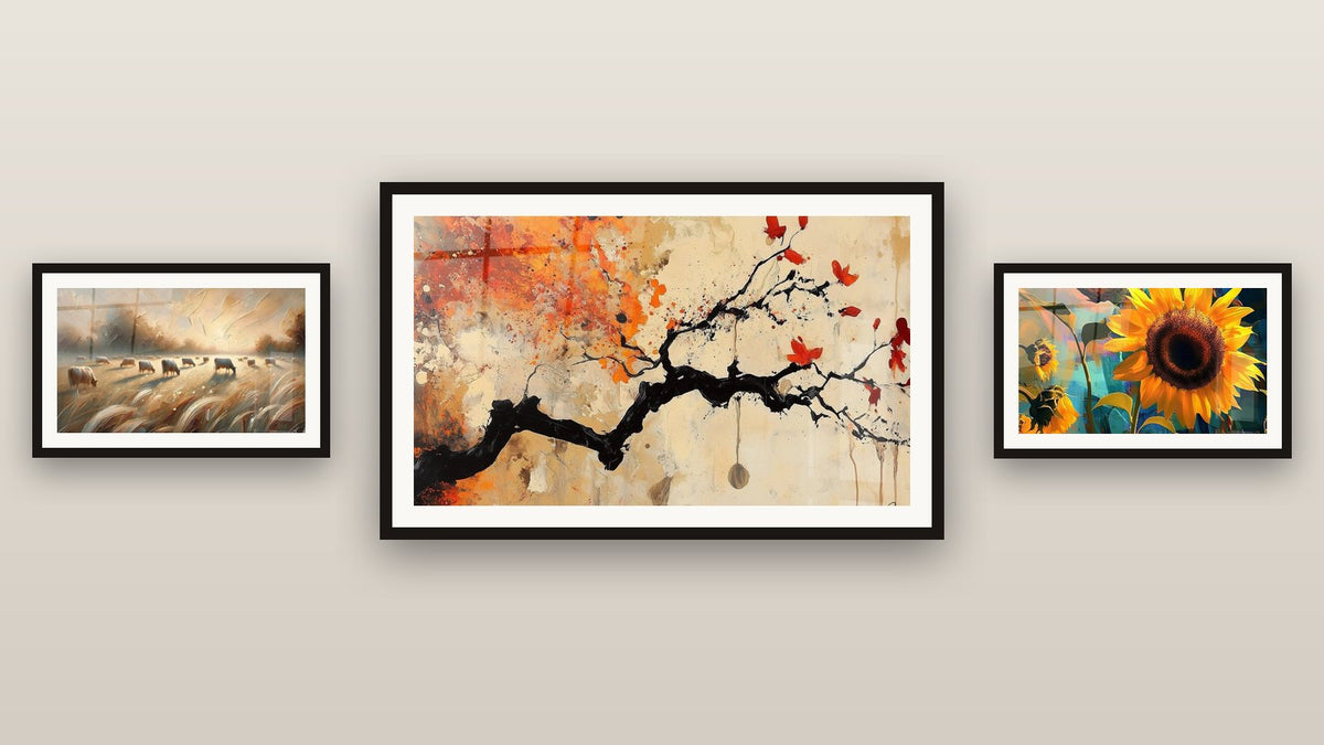 Gallery wall with three framed paintings: Wheat Waves, Terracotta Wall Art No.4 and Sunflower Wall Art No. 1