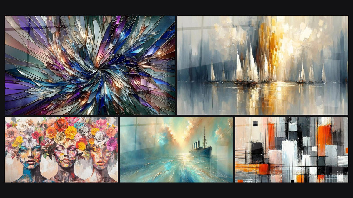 Mosaic of five paintings, including Radiance Fractal, The Blooming Muses and Heart of the Breeze