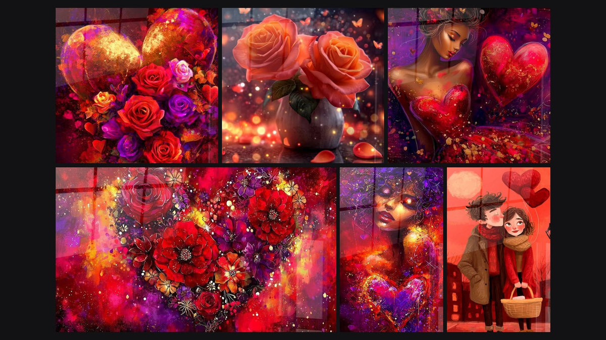 Mosaico de seis cuadros, entre ellos Corazón Abstracto Romance, Rosas Eternas Pasión y Corazón Floral Éxtasis Floral