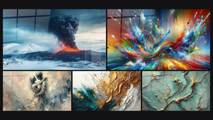 Mosaic of five paintings, including Volcano Wall Art No. 3, Between Us and Trace Artwork in Gold and Jade