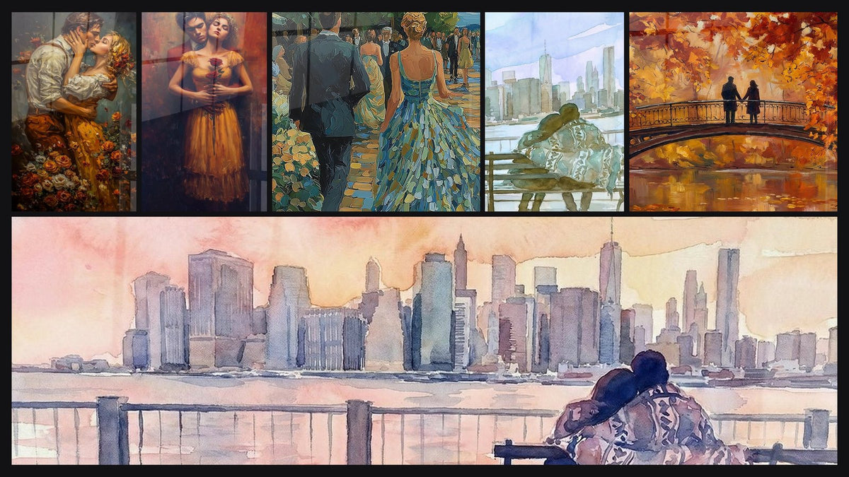 Mosaic of six paintings, including Couple Kissing Roses, Couple Infinite Tenderness and Elegant Couple