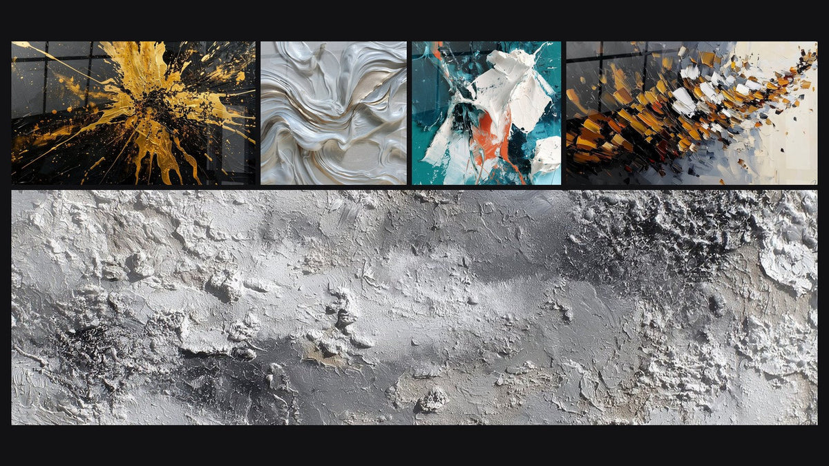 Mosaico de cinco cuadros, entre ellos Blanco Brillante y Sarcelle en Relieve y Explosión dinámica