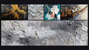 Mosaic of five paintings, including Abstract swirls white pearlescent and gold and White Shimmer and Teal in Relief
