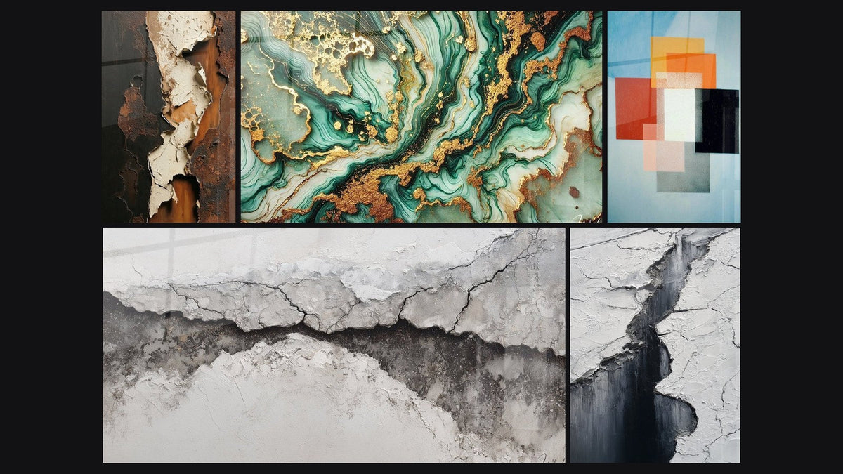Mosaic of five paintings, including Mystical Marble and Geometric Shapes Functional Contrast