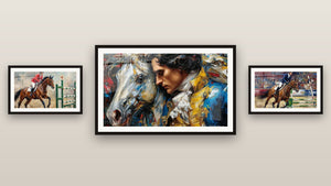 Gallery wall with three framed paintings, including Horse Jumping and Equestrian Show Jumping