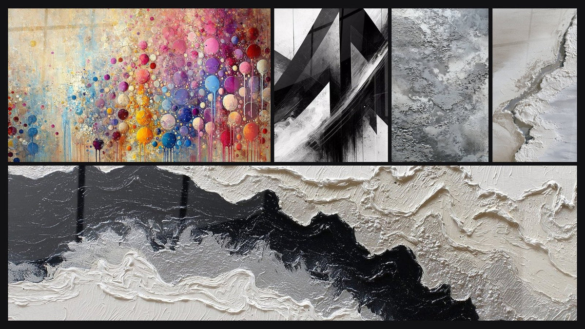 Mosaico de cinco cuadros, entre ellos Mosaico de Esferas y Trayectorias Fracturadas