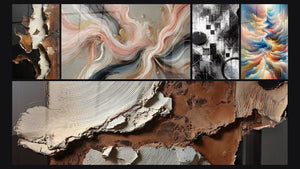 Mozaïek van vijf schilderijen, waaronder Zijden Stromen, Fragmenten van Absoluut en Resonantie van Hemelse Tinten