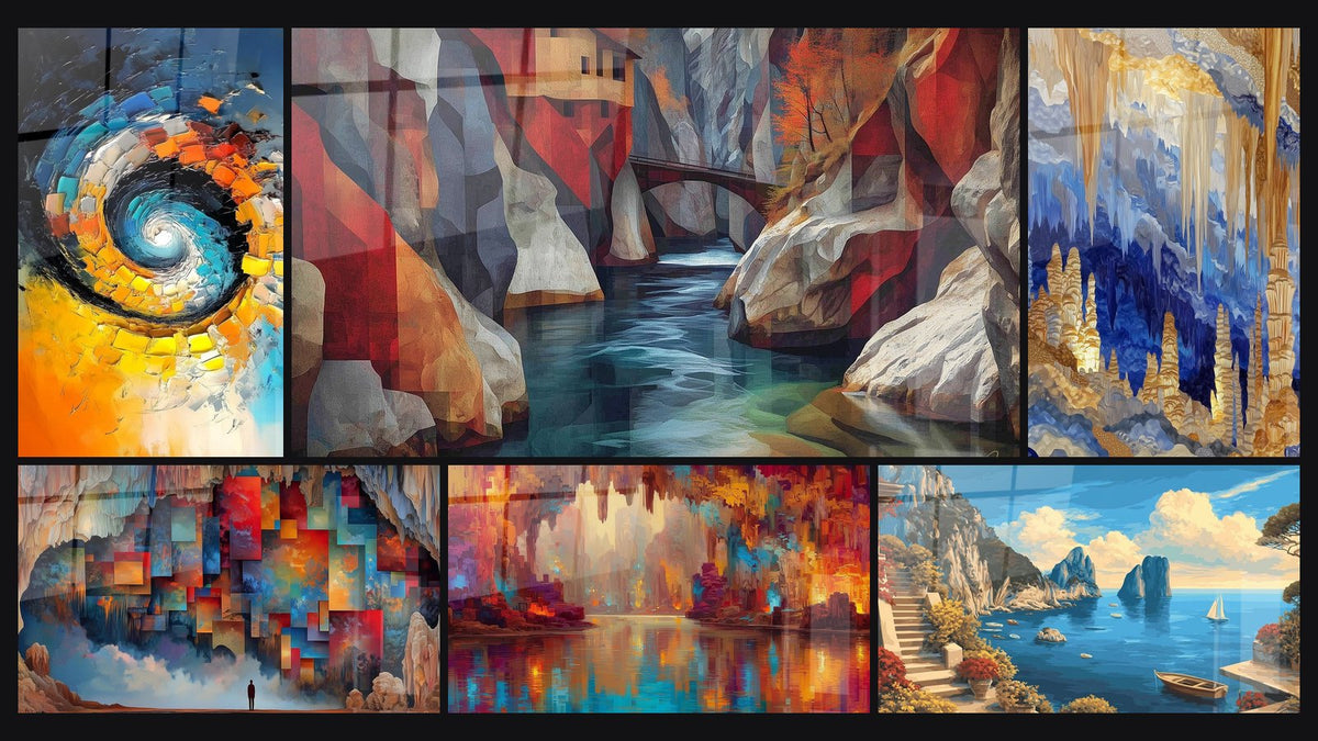Mosaic of six paintings, including Cosmic Whirlwind, Cubist Aquatic Canyon and Digital Cavern