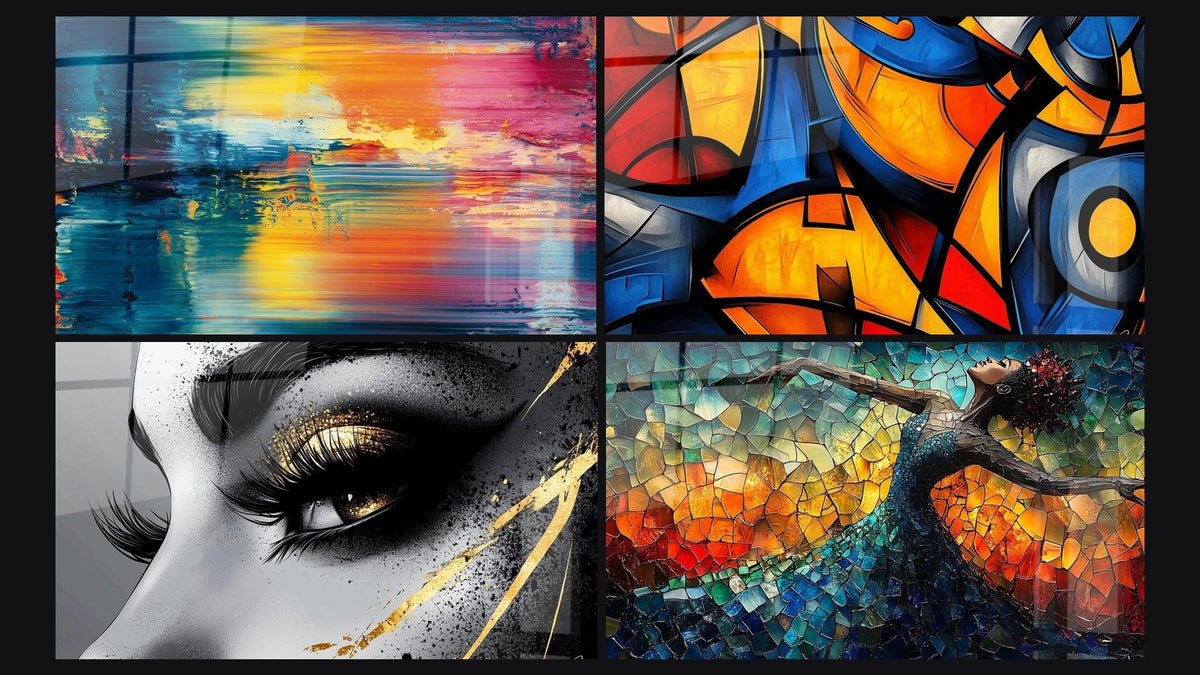 Mosaïque de quatre tableaux, dont Abstrait coloré, Formes géométriques colorées et Œil larme d'or