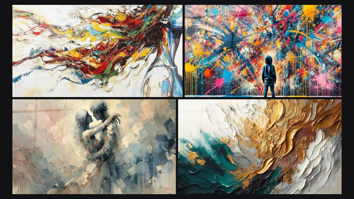Mosaic of four paintings, including Modern Muse, Paint Bursts and Between Us