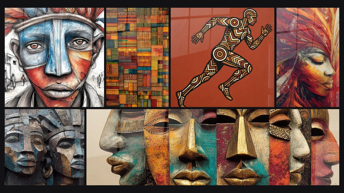Mozaïek van zes schilderijen, waaronder Met tribale geest, Met Afrikaanse geometrische patronen en Loper Kunst Tribaal