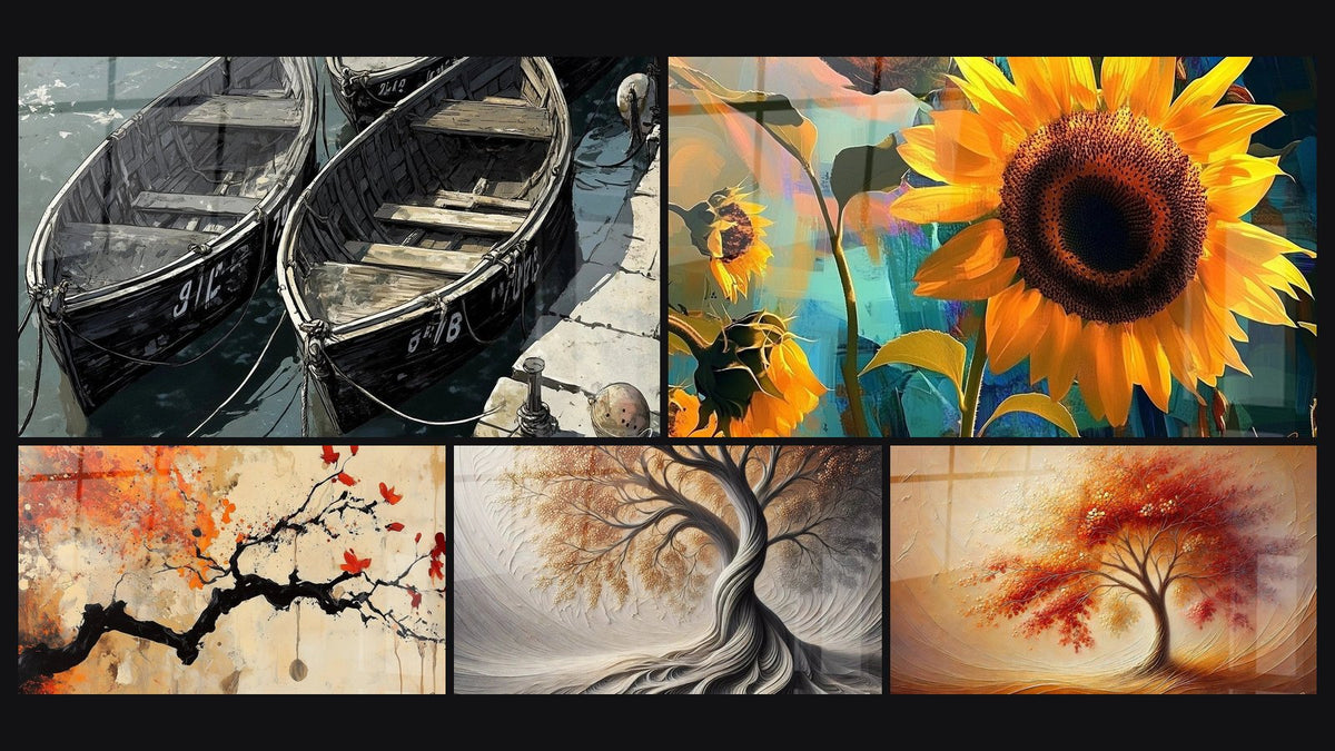 Mosaic of five paintings, including Terracotta Wall Art No.4, Sunflower Wall Art No. 1 and Breath of Earth