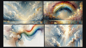 Mosaic of four paintings, including Starlit Sky Landscape, Ode to Color and Reverie in Colors
