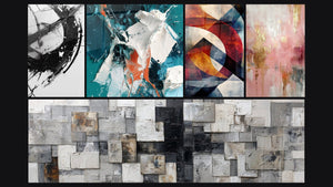 Mosaic of five paintings, including The Break in Time, White Shimmer and Teal in Relief and Circular geometric shapes