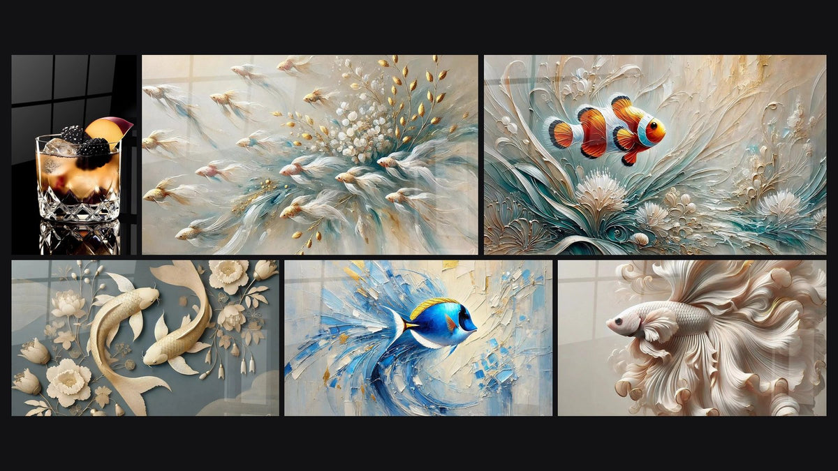 Mosaico de seis cuadros, entre ellos Cóctel N°5, Nadadores de los Sueños y Mensajero de las Anémonas