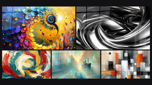Mosaico de cinco cuadros, entre ellos Pájaro colorido espiral, Remolino metálico y Metamorfosis Cósmica