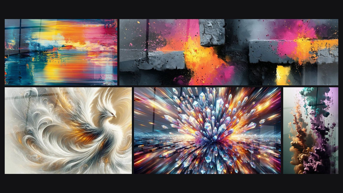 Mosaic of five paintings, including Abstract colored, Phoenix Brilliance and Crystal Radiance