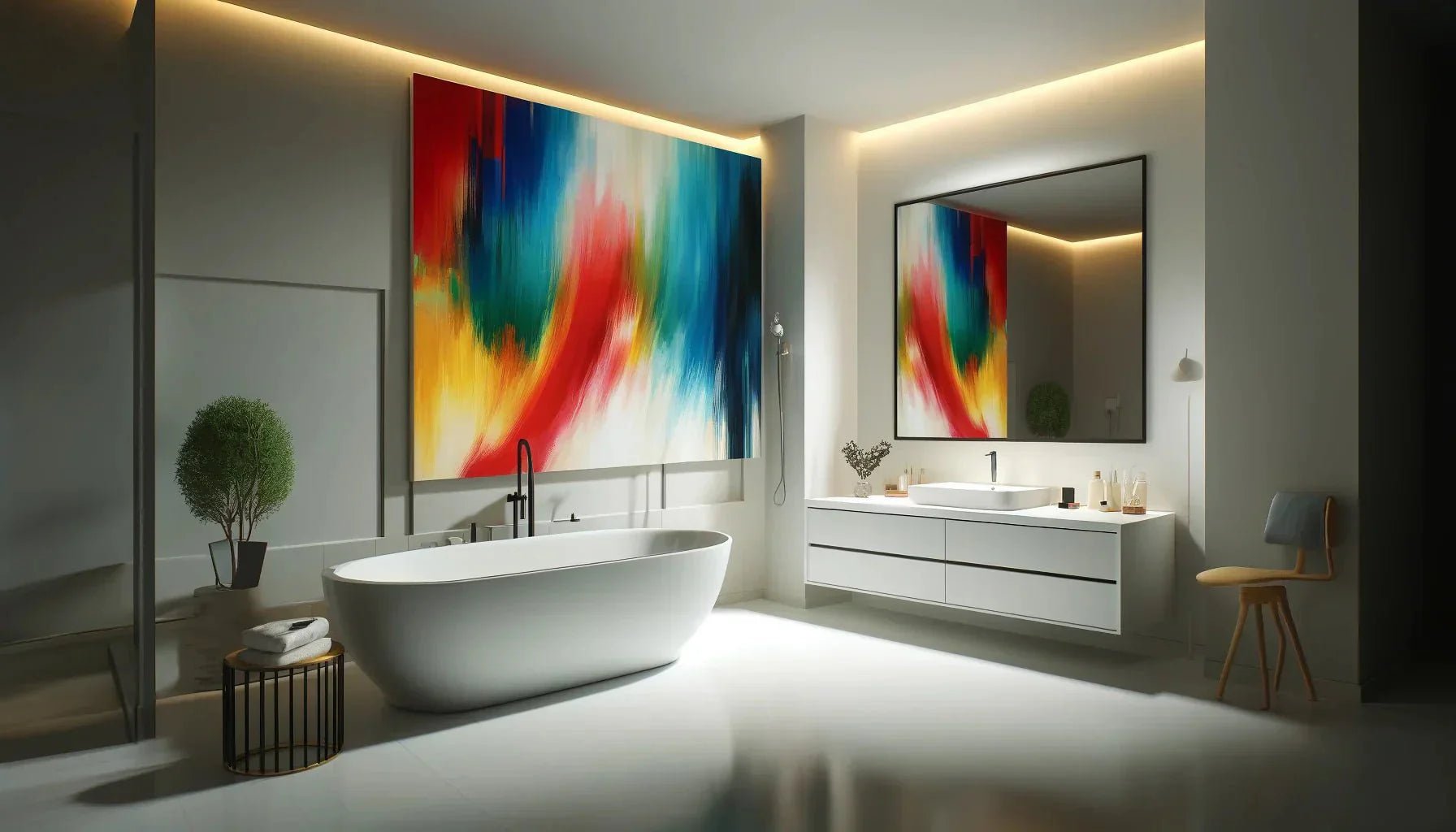 Comment un tableau abstrait coloré peut sublimer une salle de bain moderne et épurée ?
