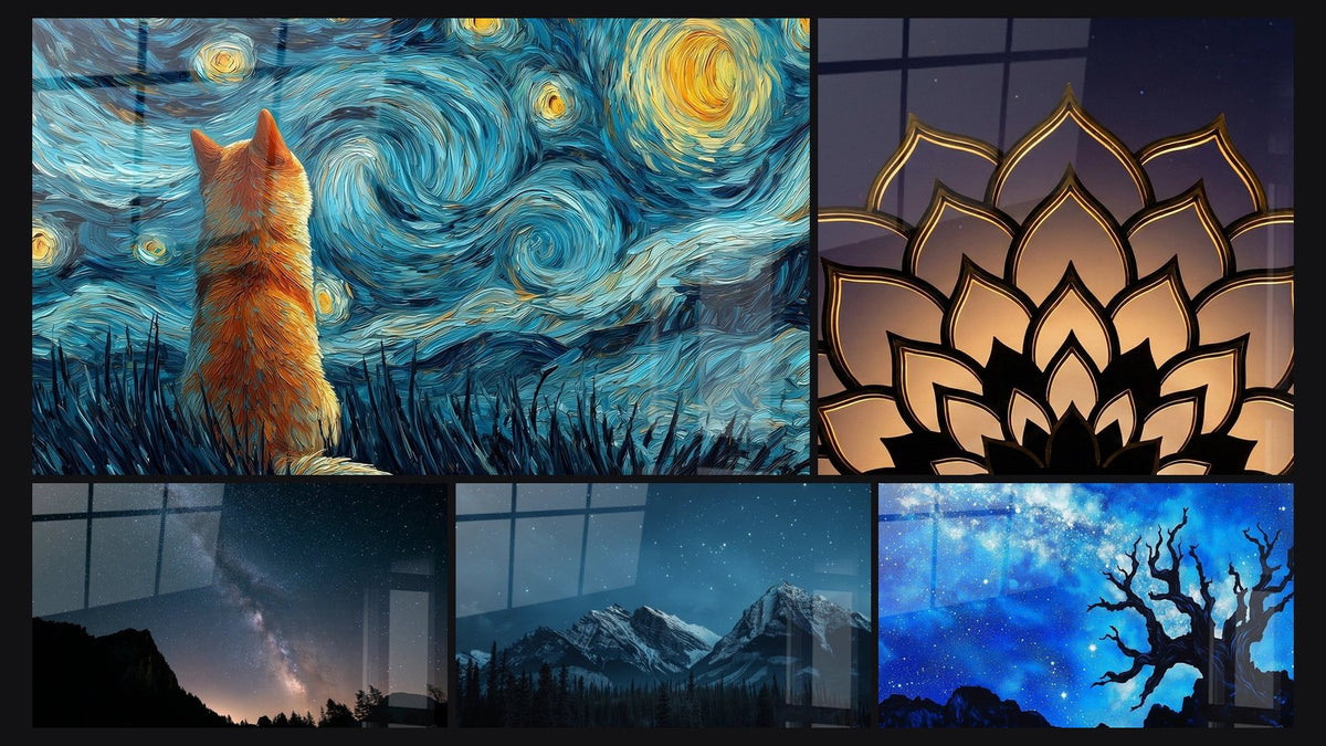Mosaico de cinco cuadros, entre ellos Flor de Loto Dorado sobre Cielo Estrellado y Vía Láctea a través de ventana