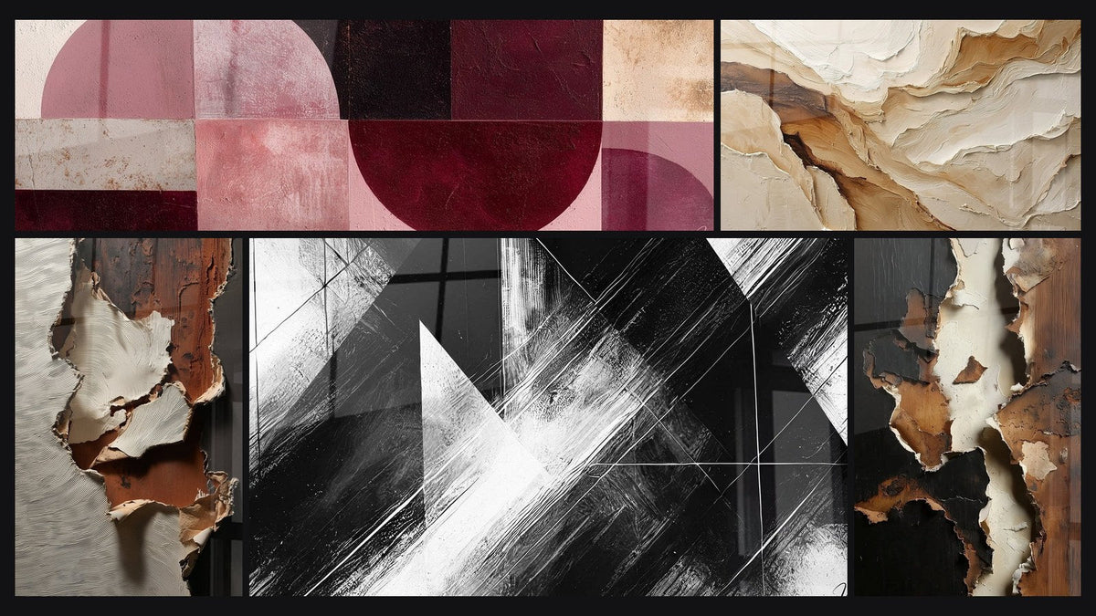Mosaico de cinco cuadros, entre ellos Abstracto Beige y Tierra y Puntos de Convergencia