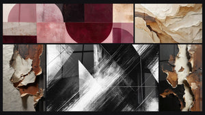 Mozaïek van vijf schilderijen, waaronder Abstract Beige en Aardekleur en Convergentiepunten