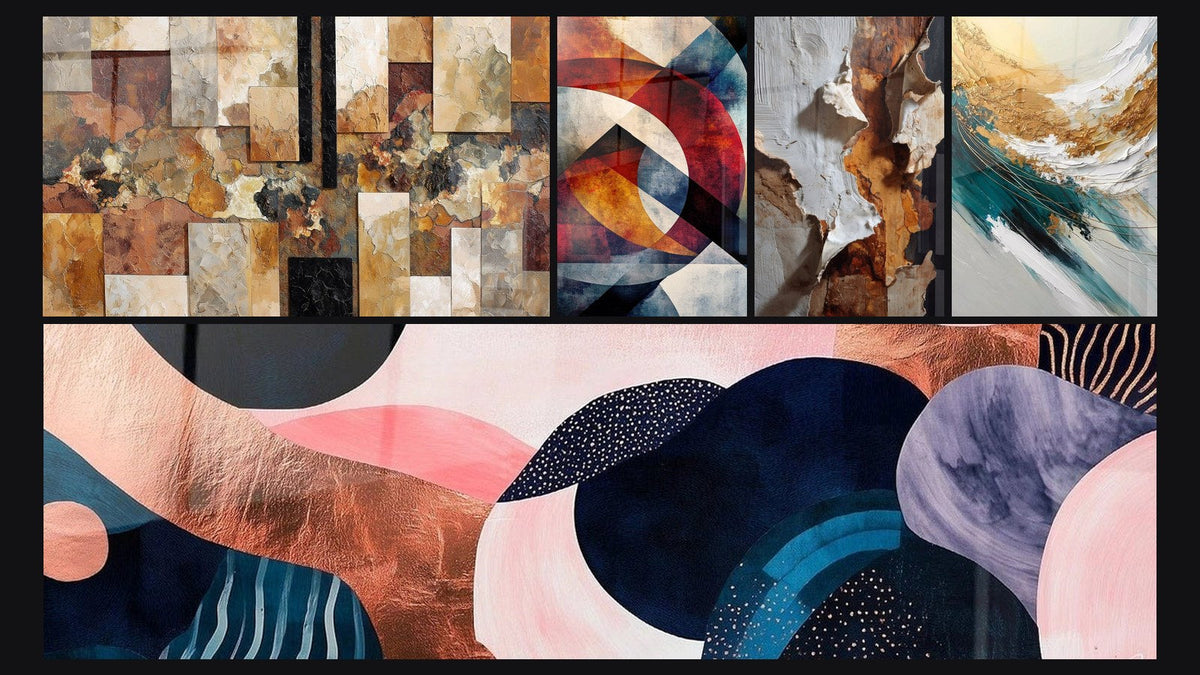 Mosaico de cinco cuadros, entre ellos Simbiosis Ondulante Coral, Formas geométricas circulares y Crepúsculo de Elementos