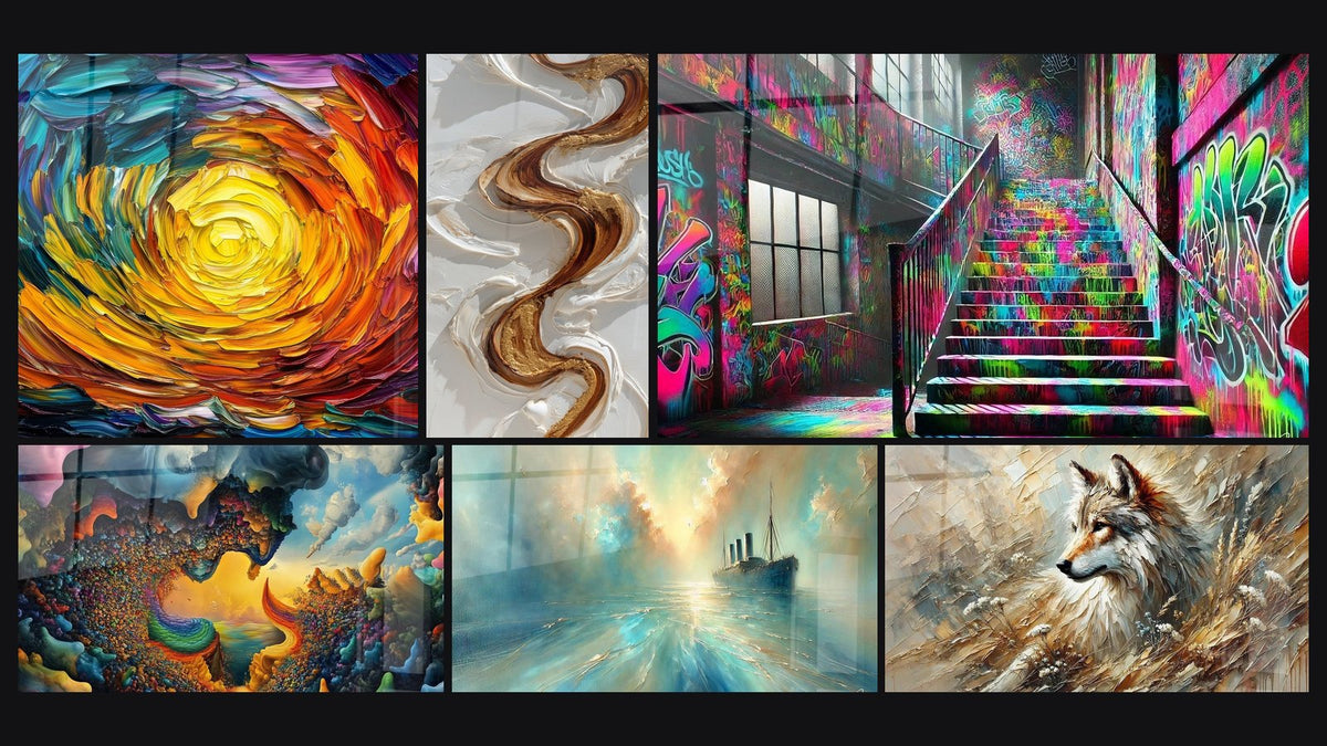 Mosaico de seis cuadros, entre ellos Espiral solar multicolor, Flujo Serpentinos Dorados y Blancos y Paisaje cósmico