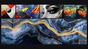 Mosaico de cinco cuadros, entre ellos Formas geométricas de colores, Explosión de colores y Ojo Lágrima de Oro
