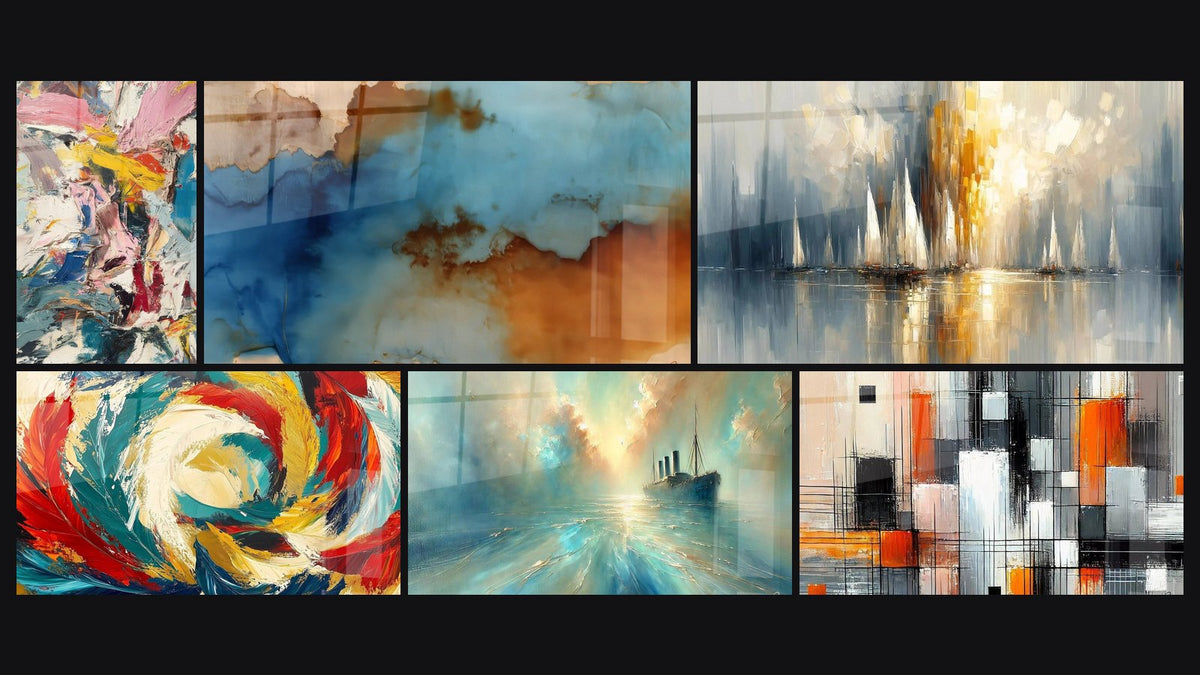 Mosaic of six paintings, including Color Explosion, Abstract Clouds and Cosmic Metamorphosis
