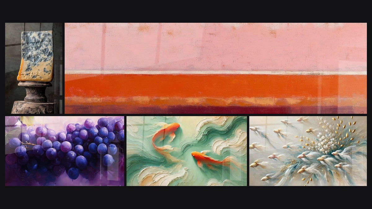 Mosaico de cinco cuadros, entre ellos Queso N°6, Abstracto horizontal rosa coral y burdeos y Uvas N°1