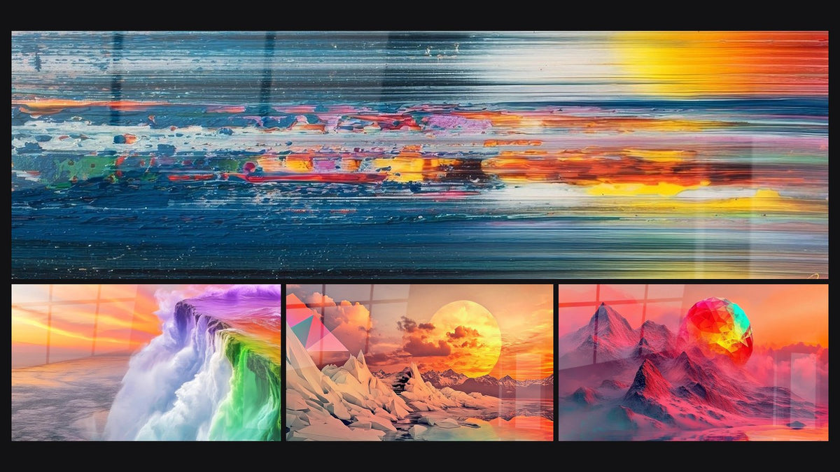 Mosaico di quattro quadri, tra cui Paesaggio astratto, Cascata arcobaleno di e Paesaggio futuristico cristallino