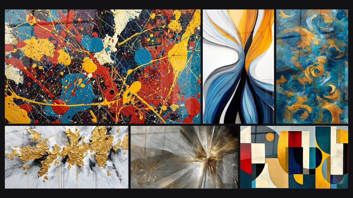 Mosaico di sei quadri, tra cui Esplosione di Colori e Spruzzate Dinamiche e Esplosione dorata su fondo bianco e grigio