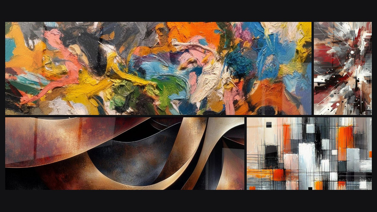 Mosaico de cuatro cuadros, entre ellos Abstracta multicolora, Sinuosidades Meditación Ocre y Ruido Dinámico Explosivo