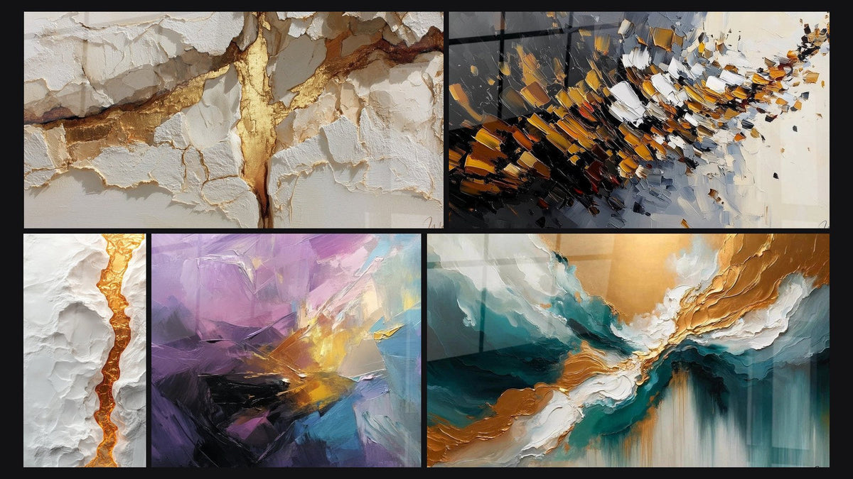 Mosaico di cinque quadri, tra cui Esplosione dinamica di, Esplosione di colori astratti di e Luce degli Abissi
