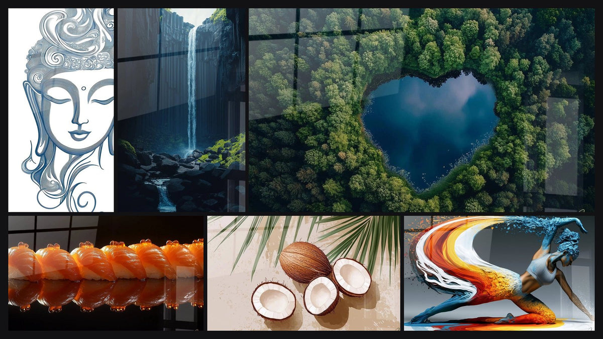 Mosaic of six paintings, including Sushi Wall Art No. 2 and Coconut Wall Art N°2
