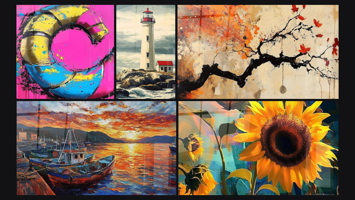 Mosaic of five paintings, including Multicolor Spiral, Harbor Wall Art No. 3 and Terracotta Wall Art No.4
