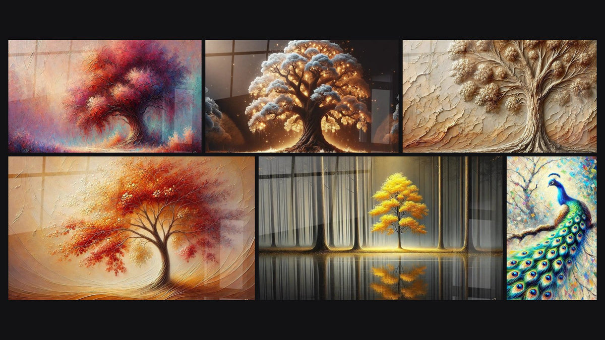 Mosaico di sei quadri, tra cui Albero dei Sogni, Danza delle Stagioni e Albero della Notte