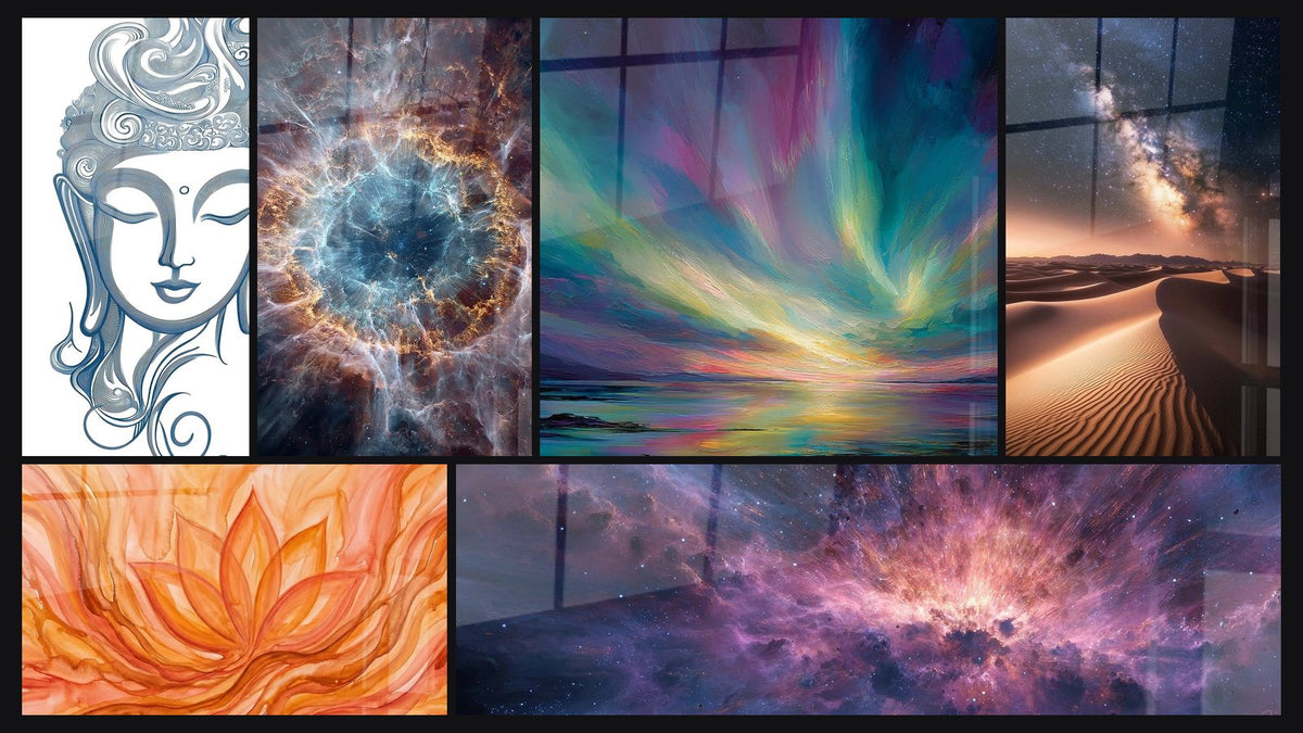 Mosaico di sei quadri, tra cui Buddha Riflessi Interiori, Nebulosa a spirale di e Nebulosa cosmica di