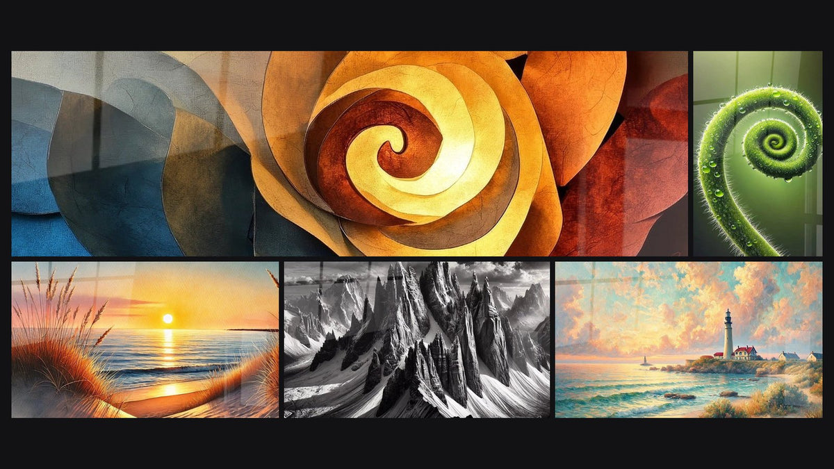 Mosaic of five paintings, including Panoramic colorful spiral, When the Day Falls Asleep and In the Shadow of Giants