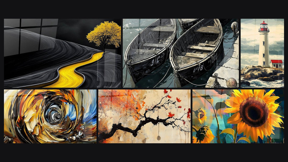 Mosaico di sei quadri, tra cui Tavolozza del fiume dorato e albero giallo, Tourbillon energetico di e Porto N°2