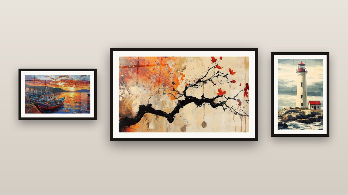 Gallery wall with three framed paintings, including Terracotta Wall Art No.4 and Harbor Wall Art No. 3