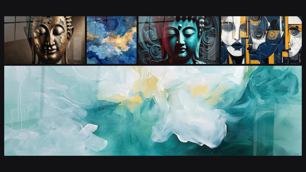 Mosaïque de cinq tableaux, dont Éclat de Sagesse, Nuages Apaisants Turquoise et Nuages dorés