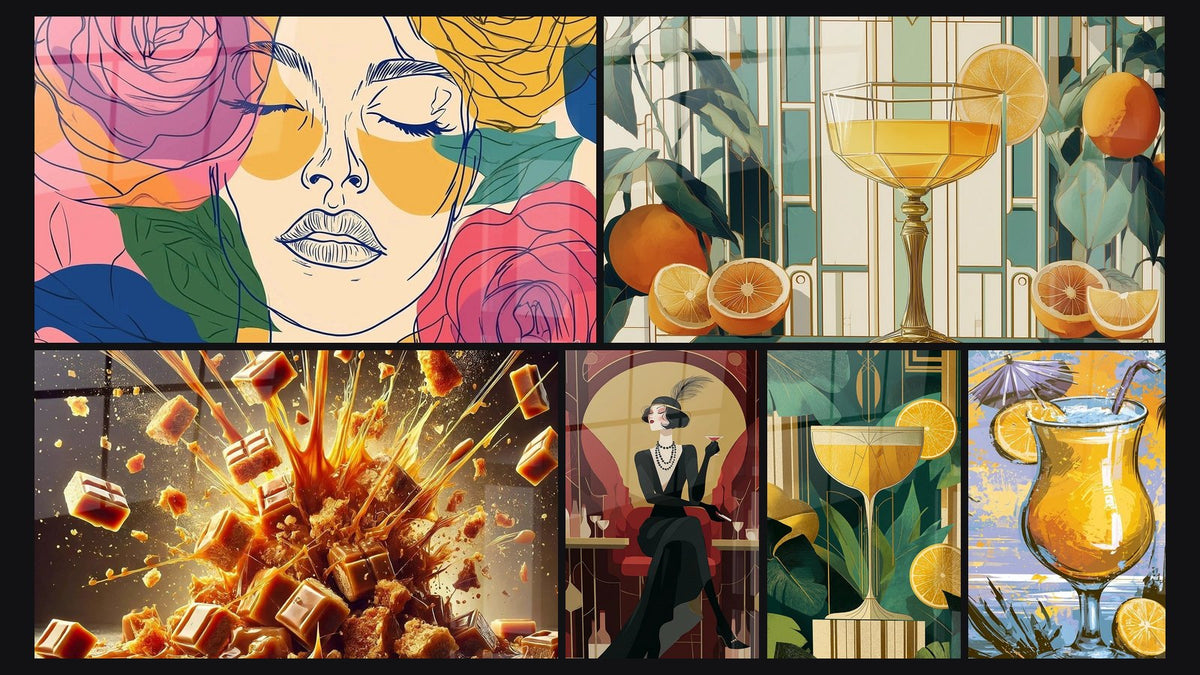 Mosaico de seis cuadros, entre ellos Caramel en Erupción, Naranjas y Cóctel y Mujer Elegante Arte Deco