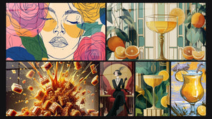 Mosaico de seis cuadros, entre ellos Caramel en Erupción, Naranjas y Cóctel y Mujer Elegante Arte Deco
